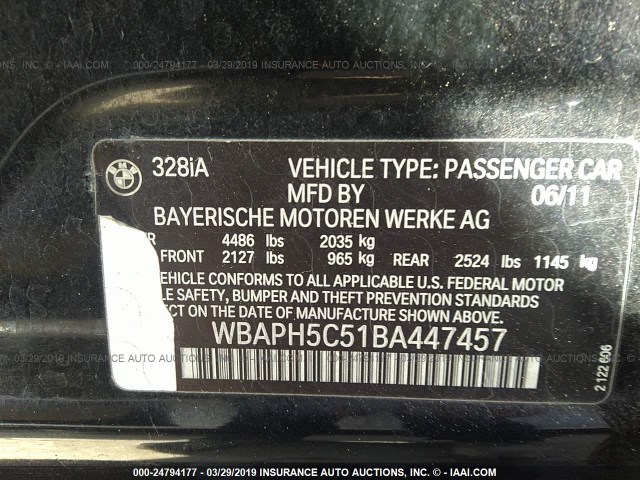 WBAPH5C51BA447457 - 2011 BMW 328 I SULEV BLACK photo 9