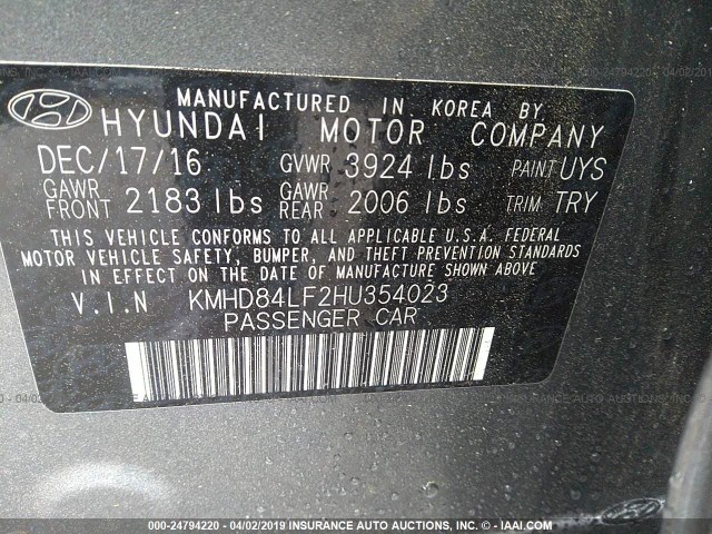 KMHD84LF2HU354023 - 2017 HYUNDAI ELANTRA SE/VALUE/LIMITED GRAY photo 9