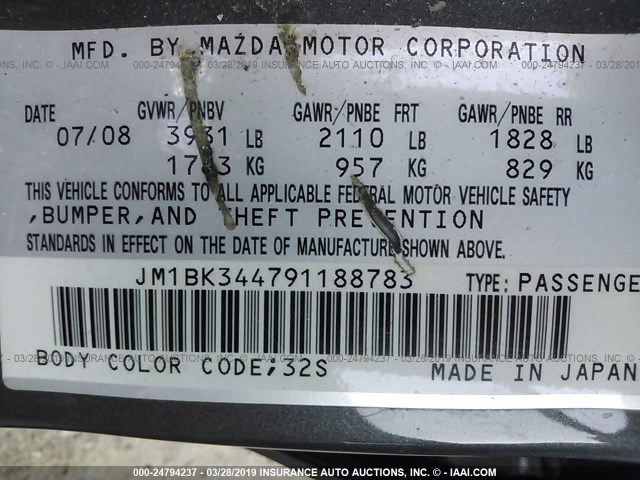 JM1BK344791188783 - 2009 MAZDA 3 S GRAY photo 9