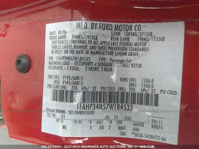 1FAHP34N57W184533 - 2007 FORD FOCUS ZX4/S/SE/SES RED photo 9