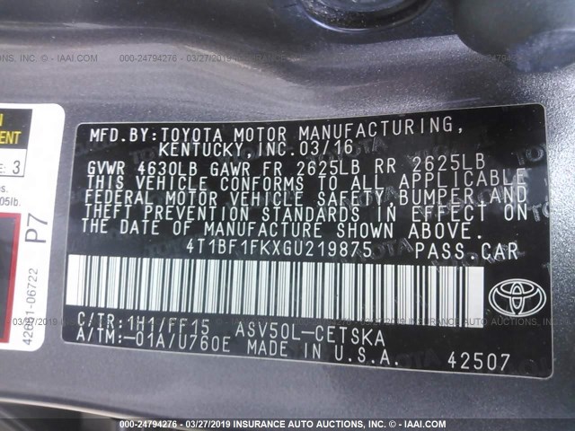 4T1BF1FKXGU219875 - 2016 TOYOTA CAMRY LE/XLE/SE/XSE 灰色 照片 9