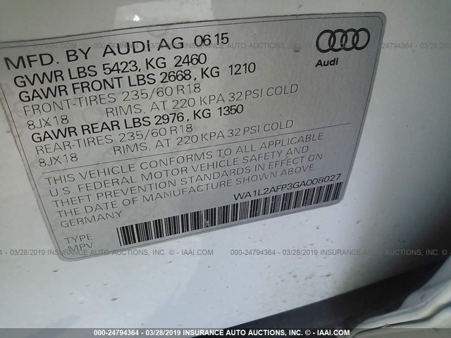 WA1L2AFP3GA008027 - 2016 AUDI Q5 PREMIUM PLUS WHITE photo 9