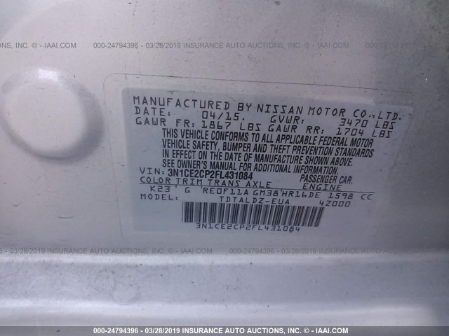 3N1CE2CP2FL431084 - 2015 NISSAN VERSA NOTE S/S PLUS/SV/SL/SR SILVER photo 9