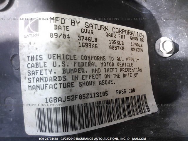 1G8AJ52F05Z113105 - 2005 SATURN ION LEVEL 2 白色 照片 9
