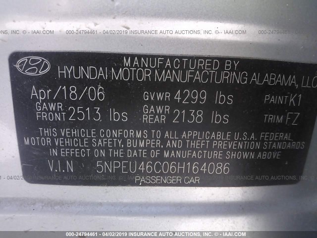 5NPEU46C06H164086 - 2006 HYUNDAI SONATA GLS/LX SILVER photo 9