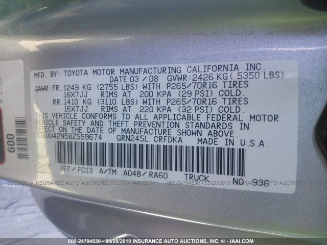 5TEUU42N58Z559674 - 2008 TOYOTA TACOMA ACCESS CAB ვერცხლისფერი ფოტო 9