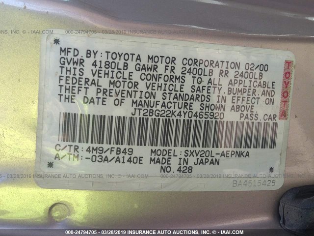 JT2BG22K4Y0465920 - 2000 TOYOTA CAMRY CE/LE/XLE CREAM photo 9