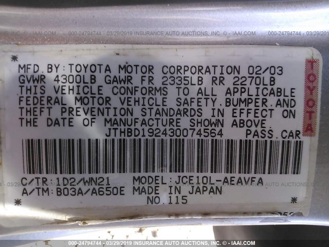 JTHBD192430074564 - 2003 LEXUS IS 300 SILVER photo 9