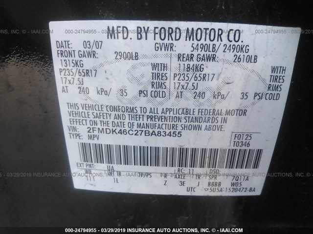 2FMDK46C27BA83455 - 2007 FORD EDGE SE BLACK photo 9