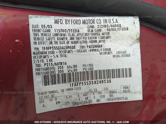 1FAFP55S33A249538 - 2003 FORD TAURUS SES MAROON photo 9