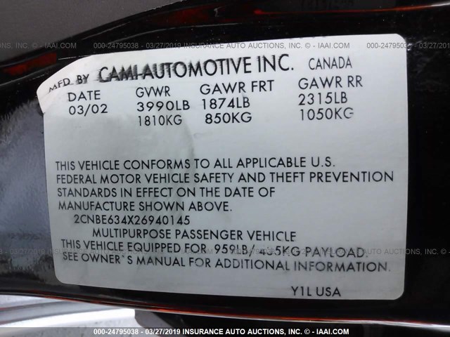 2CNBE634X26940145 - 2002 CHEVROLET TRACKER LT BLACK photo 9