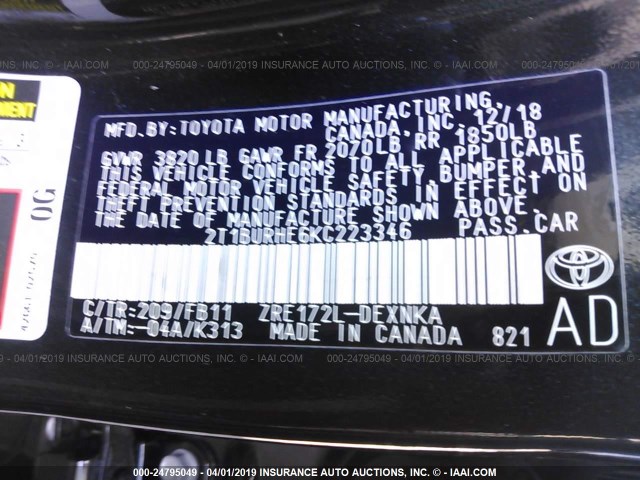 2T1BURHE6KC223346 - 2019 TOYOTA COROLLA L/LE/XLE/SE/XSE შავი ფოტო 9