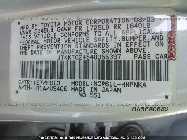 JTKKT624540055397 - 2004 TOYOTA SCION XA SILVER photo 9