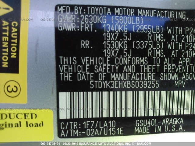 5TDYK3EHXBS039255 - 2011 TOYOTA HIGHLANDER LIMITED SILVER photo 9