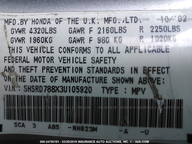 SHSRD788X3U105920 - 2003 HONDA CR-V EX SILVER photo 9