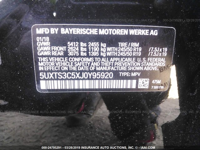 5UXTS3C5XJ0Y95920 - 2018 BMW X3 XDRIVE30I BLACK photo 9