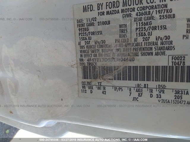 4F4YR12D53TM04680 - 2003 MAZDA B2300 WHITE photo 9