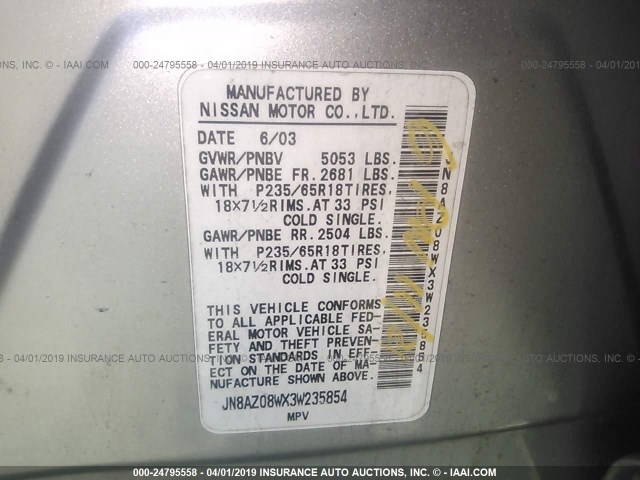 JN8AZ08WX3W235854 - 2003 NISSAN MURANO SL/SE 银色 照片 9