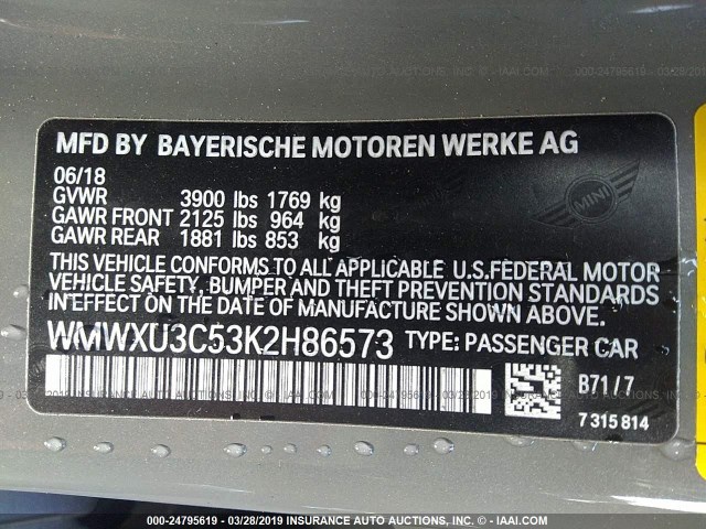 WMWXU3C53K2H86573 - 2019 MINI COOPER GRAY photo 9