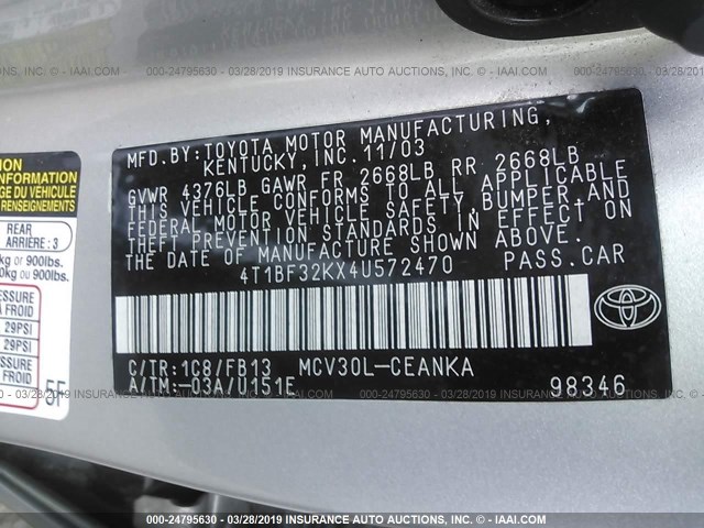 4T1BF32KX4U572470 - 2004 TOYOTA CAMRY LE/XLE/SE SILVER photo 9