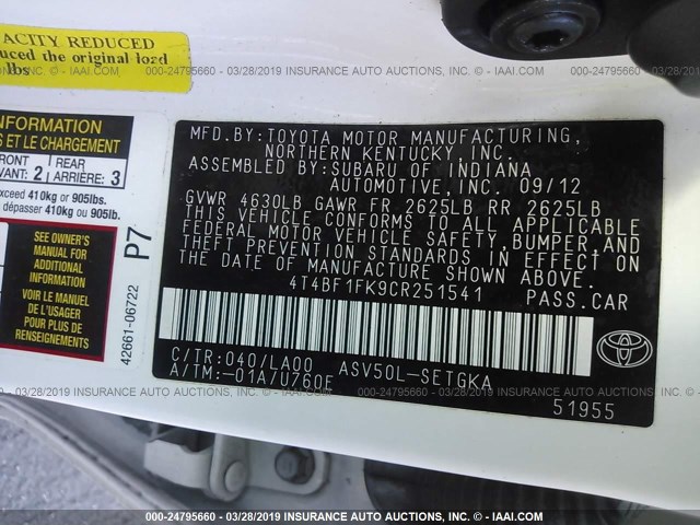 4T4BF1FK9CR251541 - 2012 TOYOTA CAMRY SE/LE/XLE WHITE photo 9