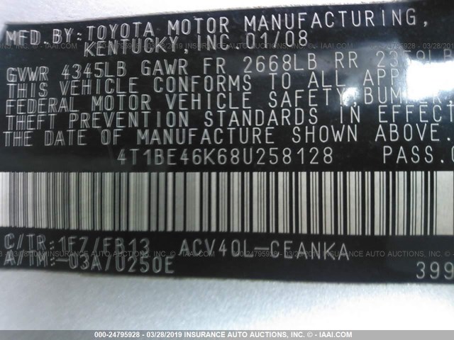 4T1BE46K68U258128 - 2008 TOYOTA CAMRY CE/LE/XLE/SE SILVER photo 9