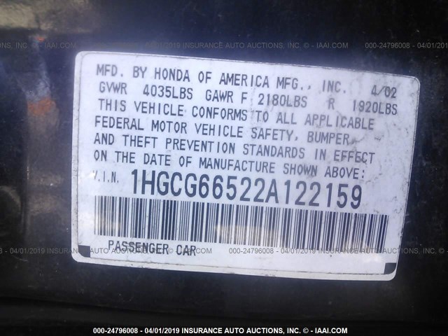 1HGCG66522A122159 - 2002 HONDA ACCORD LX BLACK photo 9