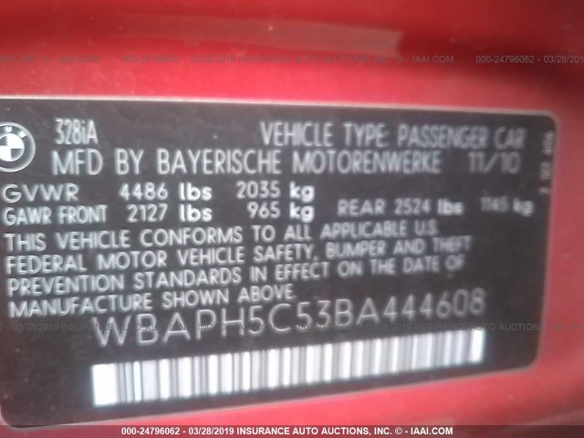 WBAPH5C53BA444608 - 2011 BMW 328 I SULEV RED photo 9