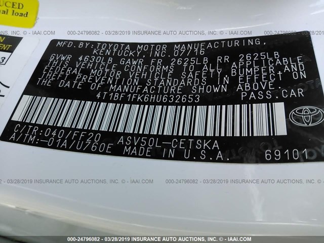 4T1BF1FK6HU632653 - 2017 TOYOTA CAMRY LE/XLE/SE/XSE 白色 照片 9