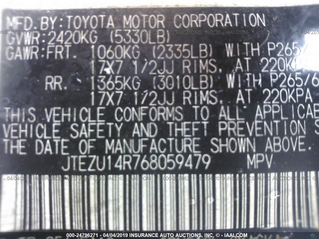 JTEZU14R768059479 - 2006 TOYOTA 4RUNNER SR5/SPORT WHITE photo 9