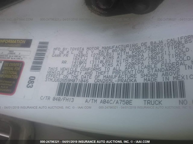 3TMJU62N59M071046 - 2009 TOYOTA TACOMA DOUBLE CAB PRERUNNER WHITE photo 9