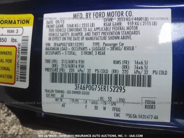 3FA6P0G75ER152295 - 2014 FORD FUSION S BLUE photo 9