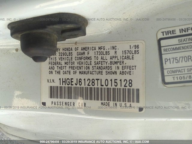 1HGEJ6128TL015128 - 1996 HONDA CIVIC DX WHITE photo 9