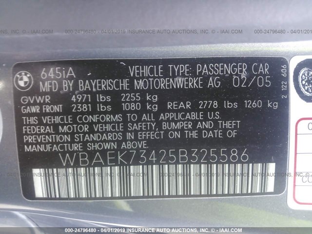 WBAEK73425B325586 - 2005 BMW 645 CI AUTOMATIC Сұр фото 9