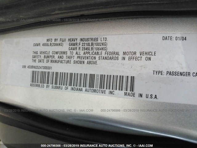 4S3BH625247305591 - 2004 SUBARU LEGACY L SPECIAL SILVER photo 9