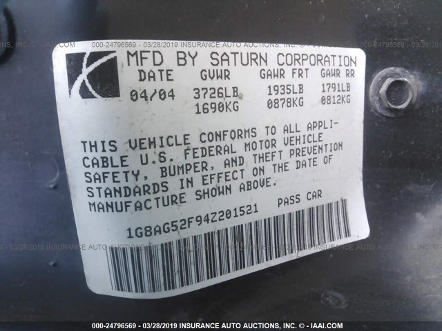 1G8AG52F94Z201521 - 2004 SATURN ION LEVEL 1 SILVER photo 9