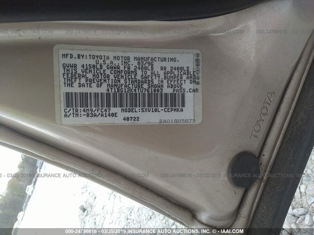 4T1BG12K4TU761003 - 1996 TOYOTA CAMRY DX/LE/XLE Champagne photo 9