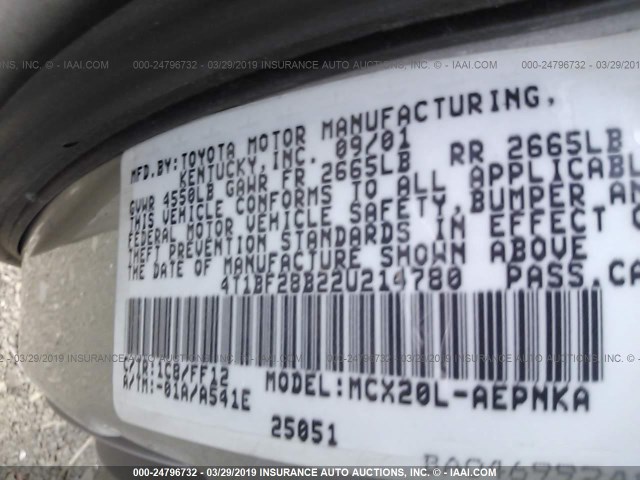 4T1BF28B22U214780 - 2002 TOYOTA AVALON XL/XLS SILVER photo 9