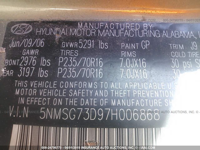 5NMSG73D97H006868 - 2007 HYUNDAI SANTA FE GLS GRAY photo 9