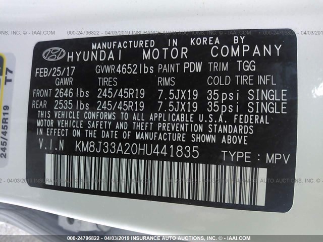 KM8J33A20HU441835 - 2017 HYUNDAI TUCSON LIMITED/SPORT AND ECO/SE WHITE photo 9