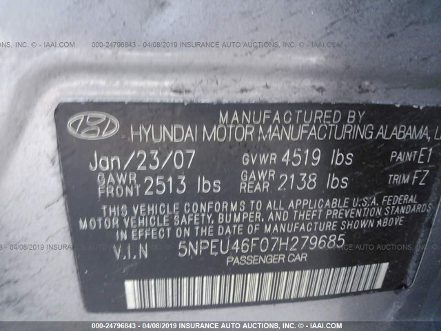 5NPEU46F07H279685 - 2007 HYUNDAI SONATA SE/LIMITED GRAY photo 9