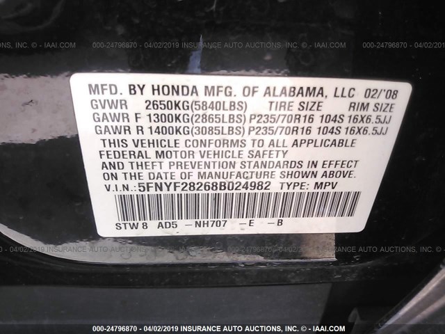 5FNYF28268B024982 - 2008 HONDA PILOT VP BLACK photo 9