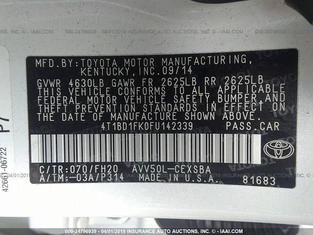 4T1BD1FK0FU142339 - 2015 TOYOTA CAMRY HYBRID/LE/XLE/SE WHITE photo 9