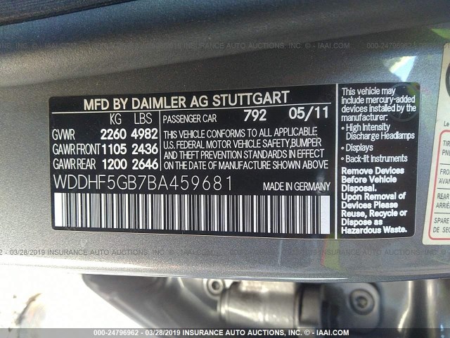 WDDHF5GB7BA459681 - 2011 MERCEDES-BENZ E 350 GRAY photo 9