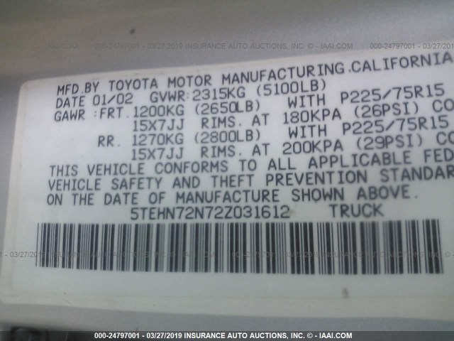 5TEHN72N72Z031612 - 2002 TOYOTA TACOMA DOUBLE CAB 银色 照片 9