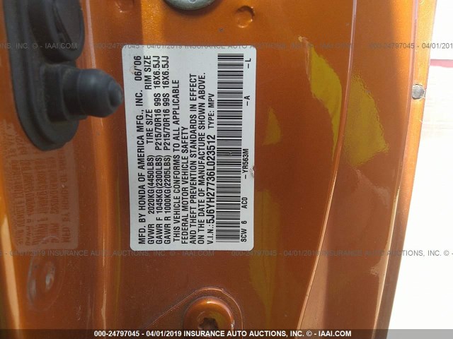 5J6YH27736L023512 - 2006 HONDA ELEMENT EX ORANGE photo 9