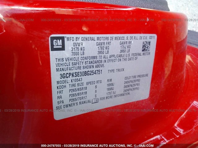 3GCPKSE30BG254751 - 2011 CHEVROLET SILVERADO K1500 LT RED photo 9