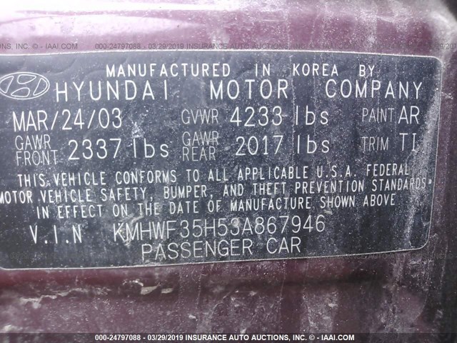 KMHWF35H53A867946 - 2003 HYUNDAI SONATA GLS/LX PURPLE photo 9