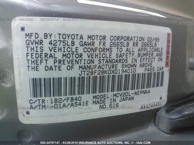 JT2BF28K0X0194010 - 1999 TOYOTA CAMRY LE/XLE SILVER photo 9