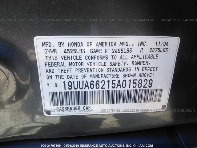 19UUA66215A015829 - 2005 ACURA TL GRAY photo 9